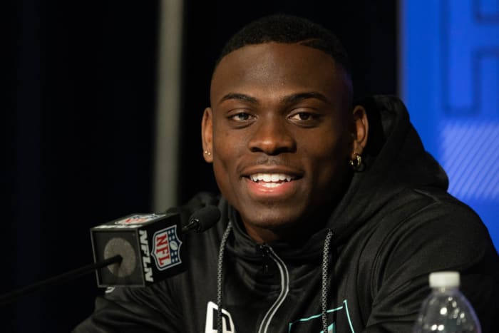 Mar 5, 2022; Indianapolis, IN, USA; Clemson defensive back Andrew Booth (DB04) talks to the media during the 2022 NFL Scouting Combine at Lucas Oil Stadium. Mandatory Credit: Trevor Ruszkowski-USA TODAY Sports